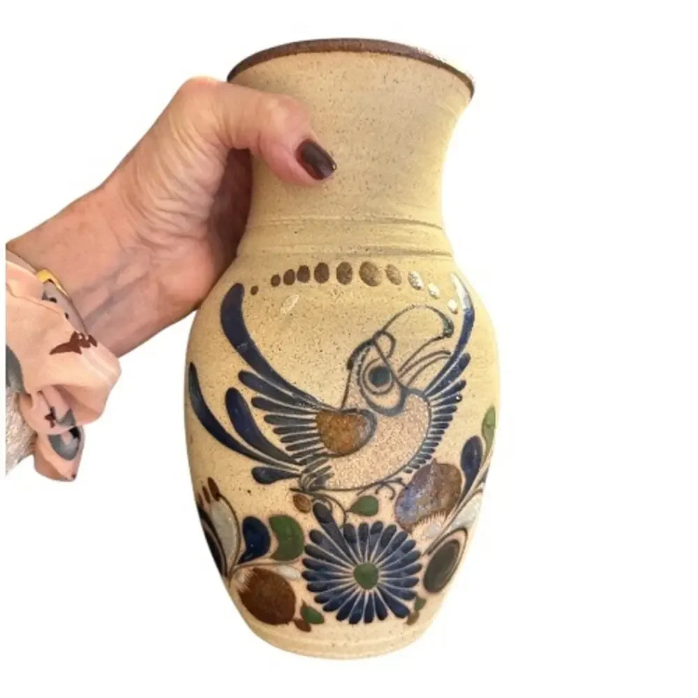 Vintage Tonala Hand Created Sandstone Pottery Bird Vase